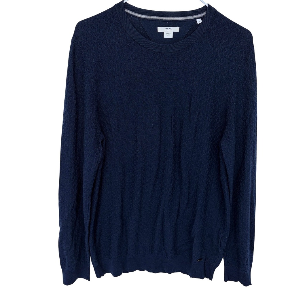 Brax Feel Good Long Sleeve Crewneck Sweater Large Women's Navy Diamond Wool Silk
